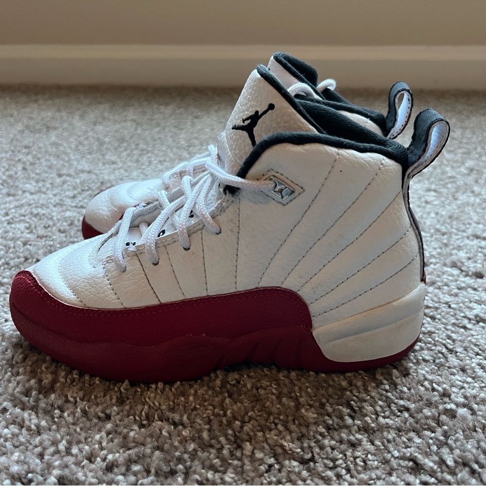 Air Jordan 12 White and Red High-Top Sneakers with Leather Upper